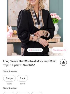 JODIFL Black Long-Sleeve Top with Plaid Contrast LARGE BNWT